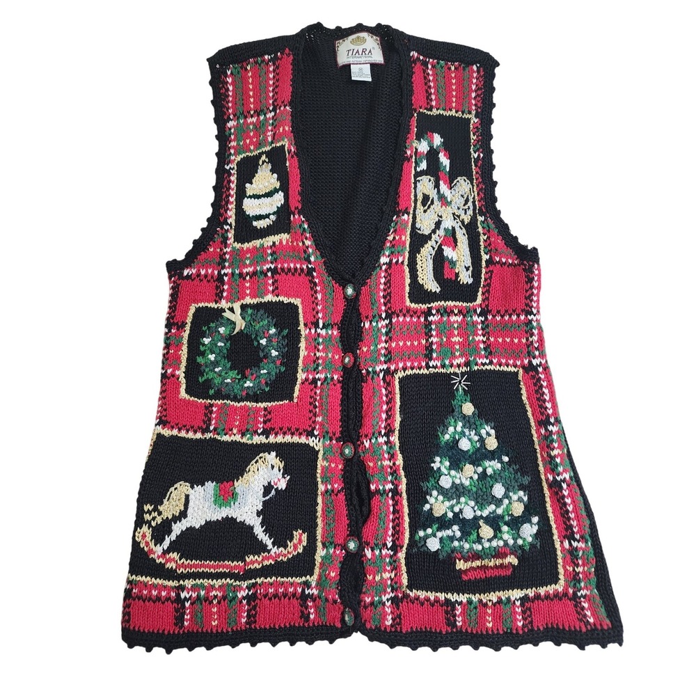 Tiara International Vintage Christmas Sweater Vest Plaid Beaded Holiday Medium